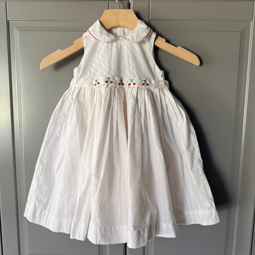 Anavini Girls‎ Cherry Embroidered Peter Pan Collar A-Line Dress, White, 24M